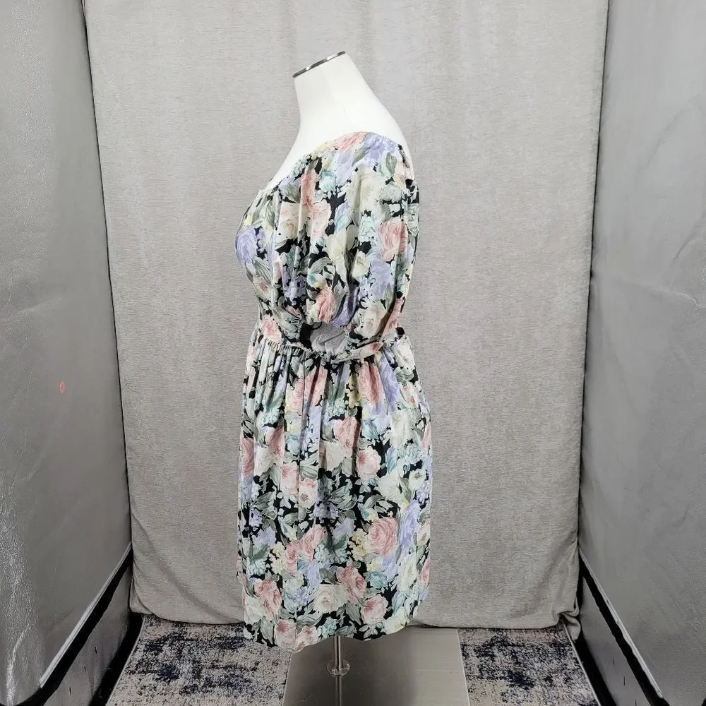 Impromptu 80s Vintage Floral Prom Puff Sleeve Dress Fitted Bodice